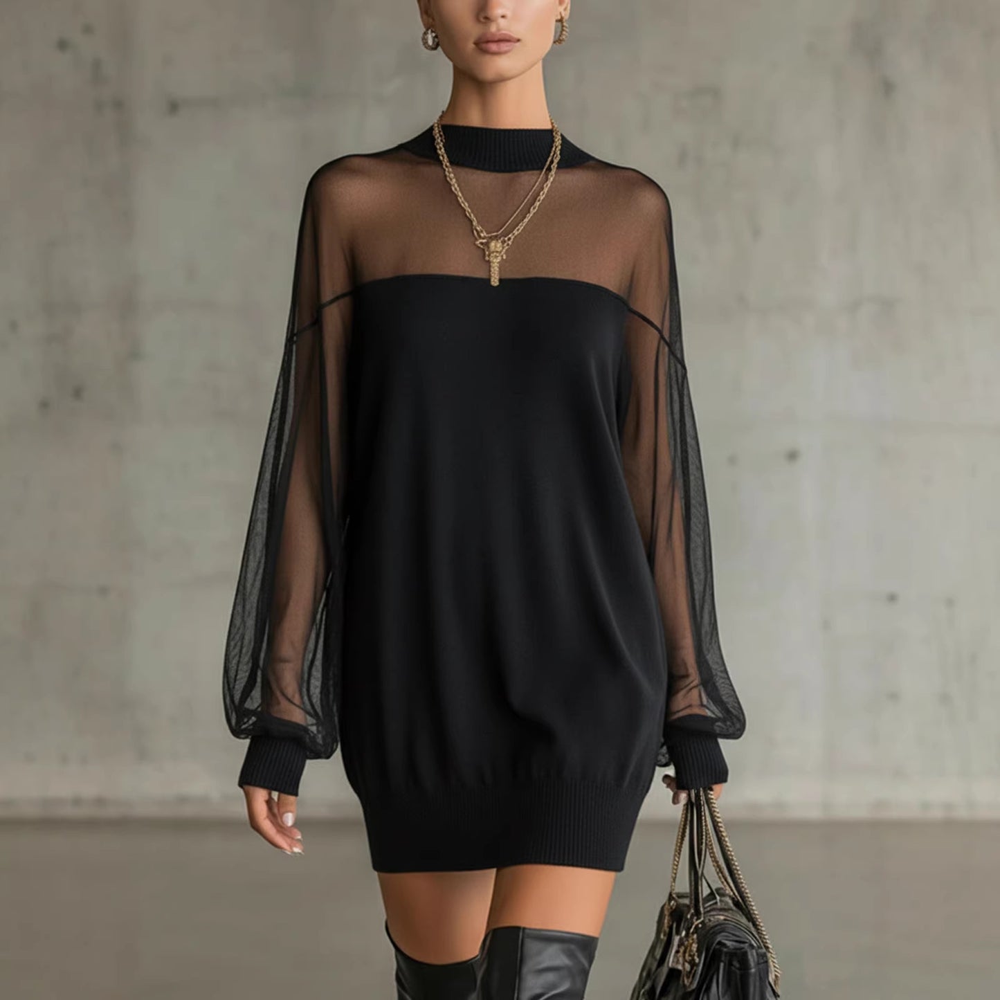 Mesh patchwork long-sleeve mini party dress